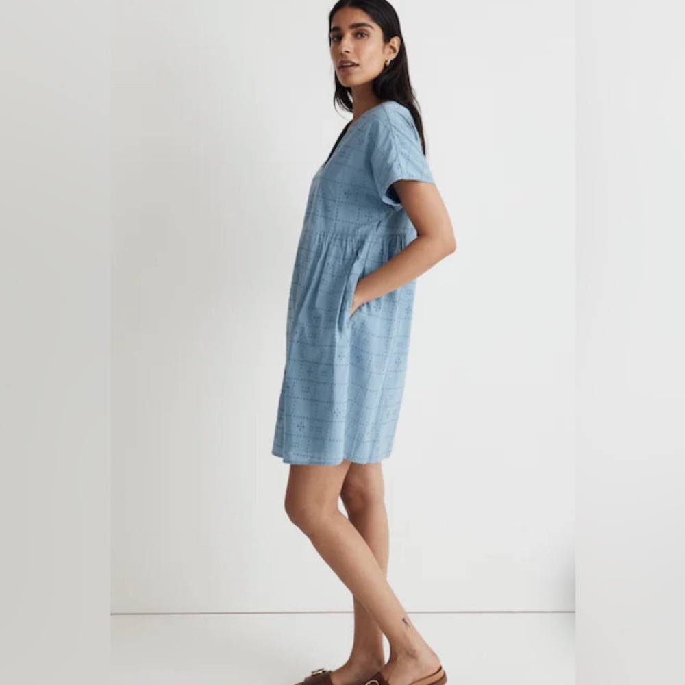 Madewell Tranquil Lake Blue Eyelet Button Front V-Neck Mini Dress SIZE XL - Picture 3 of 10